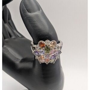Floral Cluster Ring Silver Tone Multicolor Gemstone Statement Design Sz 7.75 - 8